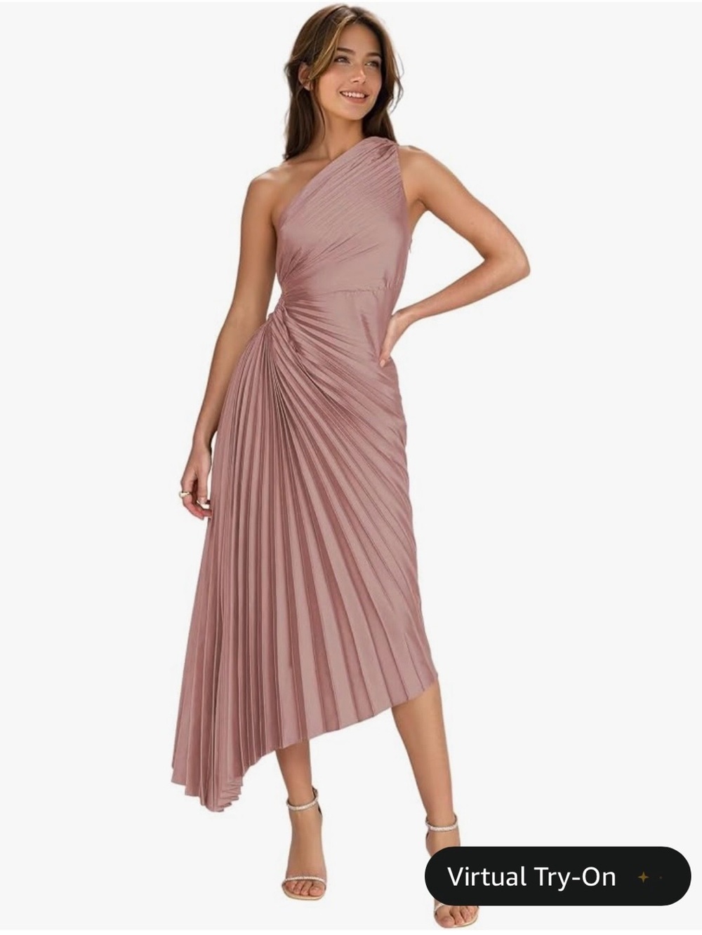 One-Shoulder Pleated Midi Dress in Dusty Rose